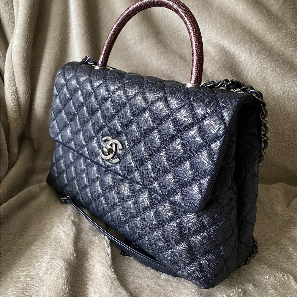 SOLD CHANEL Caviar Lizard Quilted Medium Coco Handle Flap Navy - Picture 2 of 13
